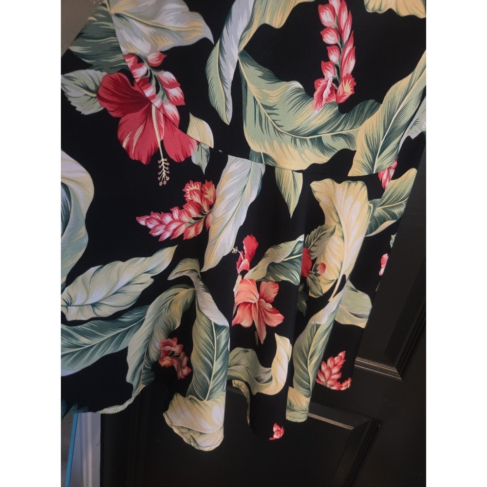 Kaua'iana Hawaiian Dress Tropical Palm Rayon Flare Black Floral Sz XS - Picture 2 of 11